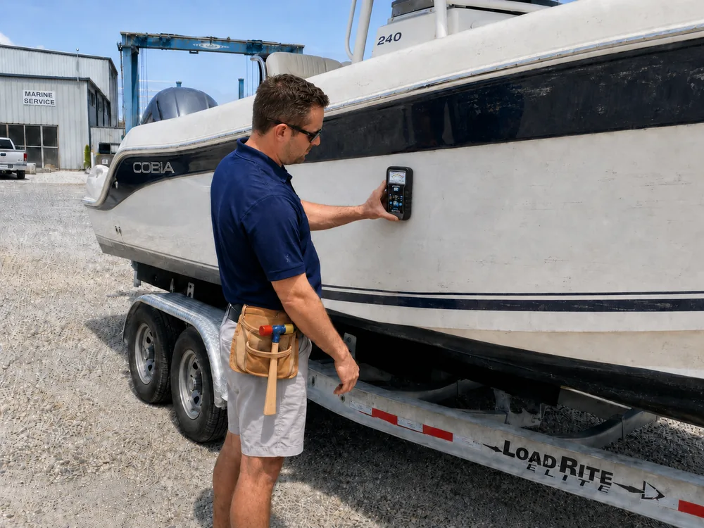 Marine surveyor taking moisture readings on the topsides of a trailered boat