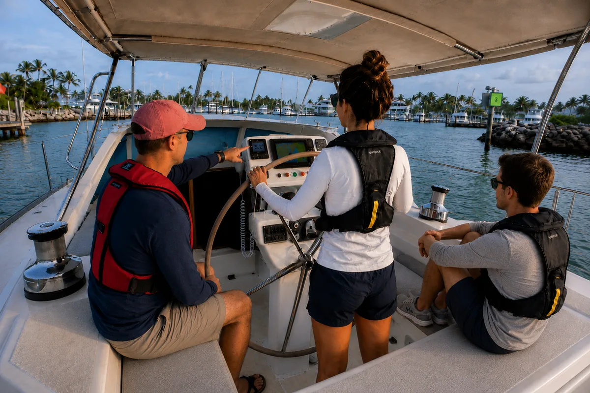 Cruising instruction at a sailboat helm while approaching a marina