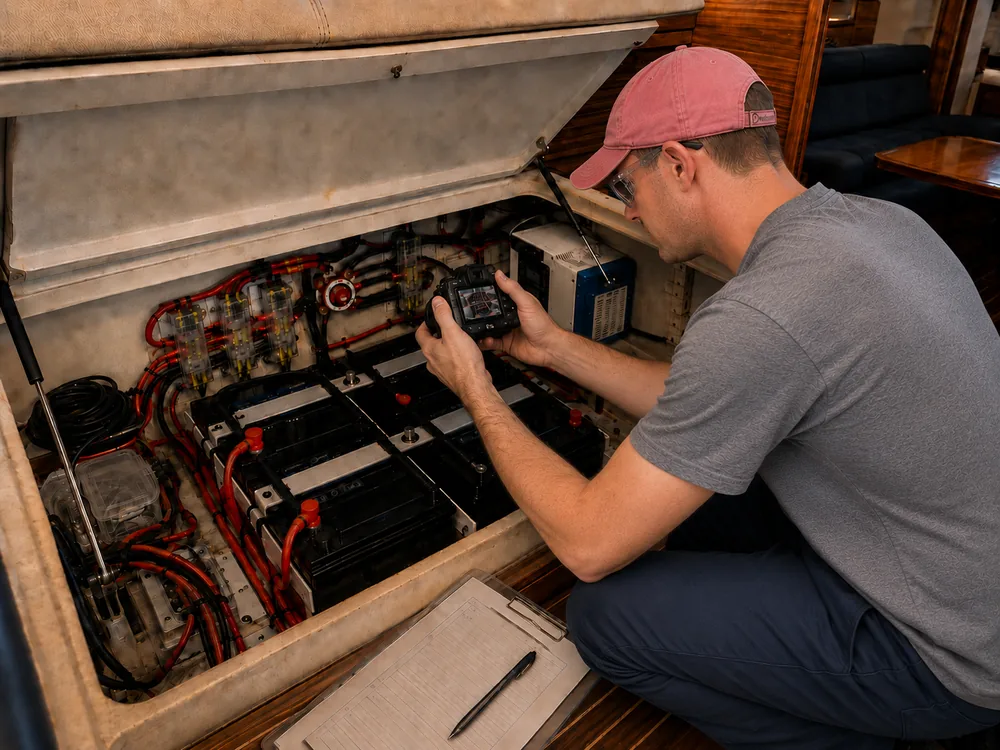 Marine surveyor documenting a lithium battery and fuse installation inside a cruising boat