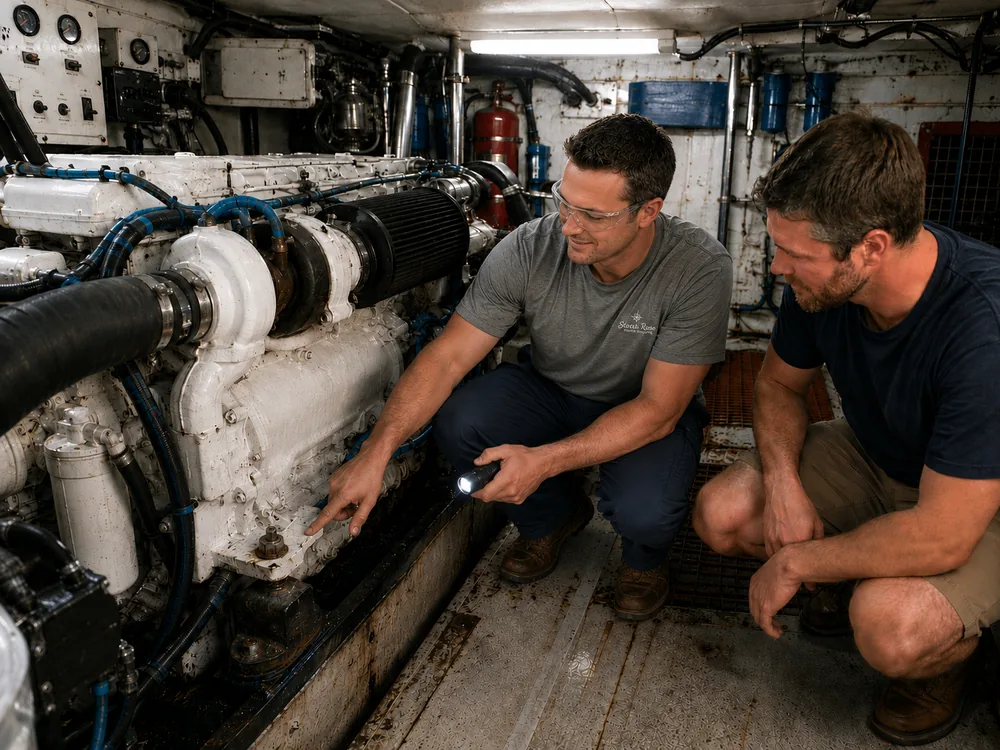 Marine surveyor and prospective buyer inspecting a diesel engine in a trawler engine room
