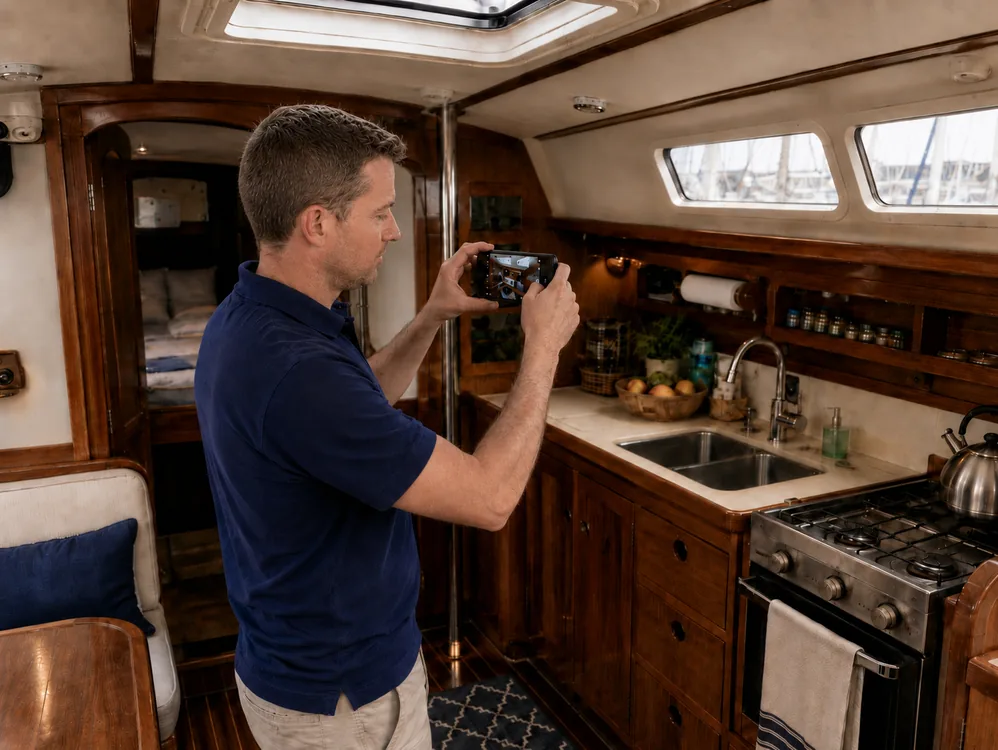 Marine surveyor photographing the galley during a quick look inspection of a cruising sailboat